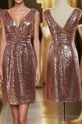 Rose Gold Sequin V-Neck Backless Short Bridesmaid Dress